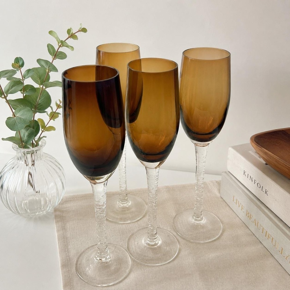 Vintage 1970's Amber Champagne Flutes Set of 4 Smoke Glass Clear Textured Stems